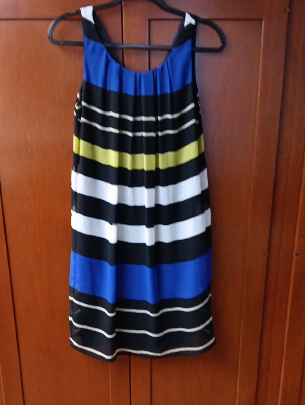 New York & Company Sleeveless Blue Black White Lime Mini Shift Dress Lined S